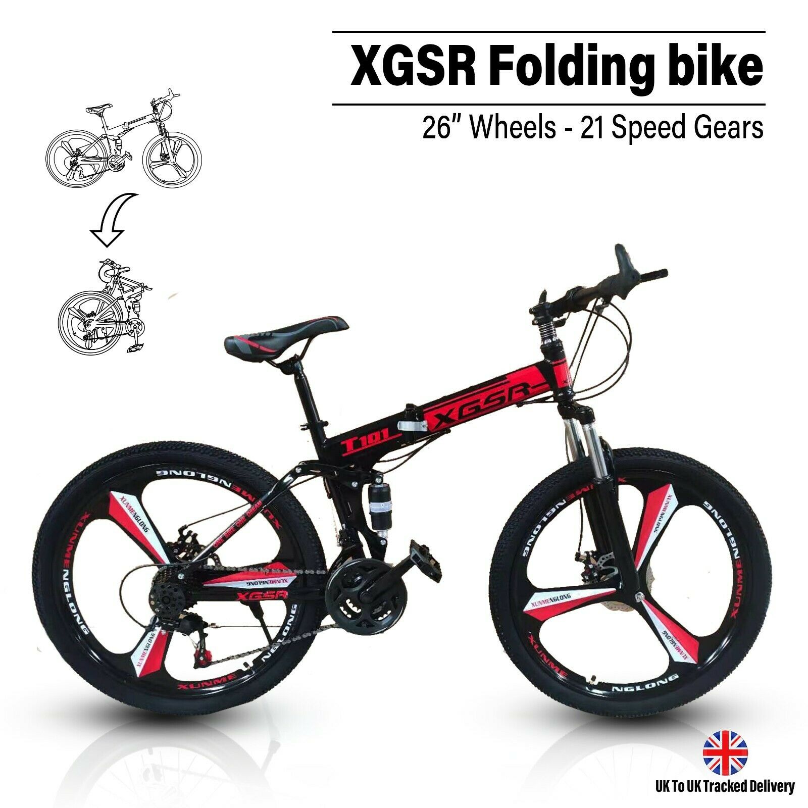 Adult Folding Mountain Bike - XGSR - 26" Wheels - 21 Speed Shimano Gears - Red - Folding Bikes 4U