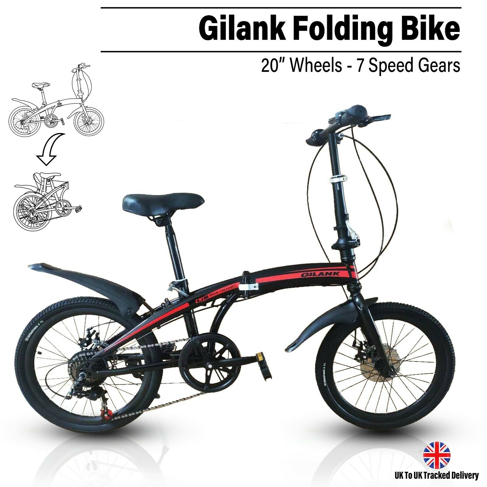 Adult Folding Bike - Gilank U8 2021 - 20" Wheels - 7 Speed Shimano Gears - Black - Folding Bikes 4U