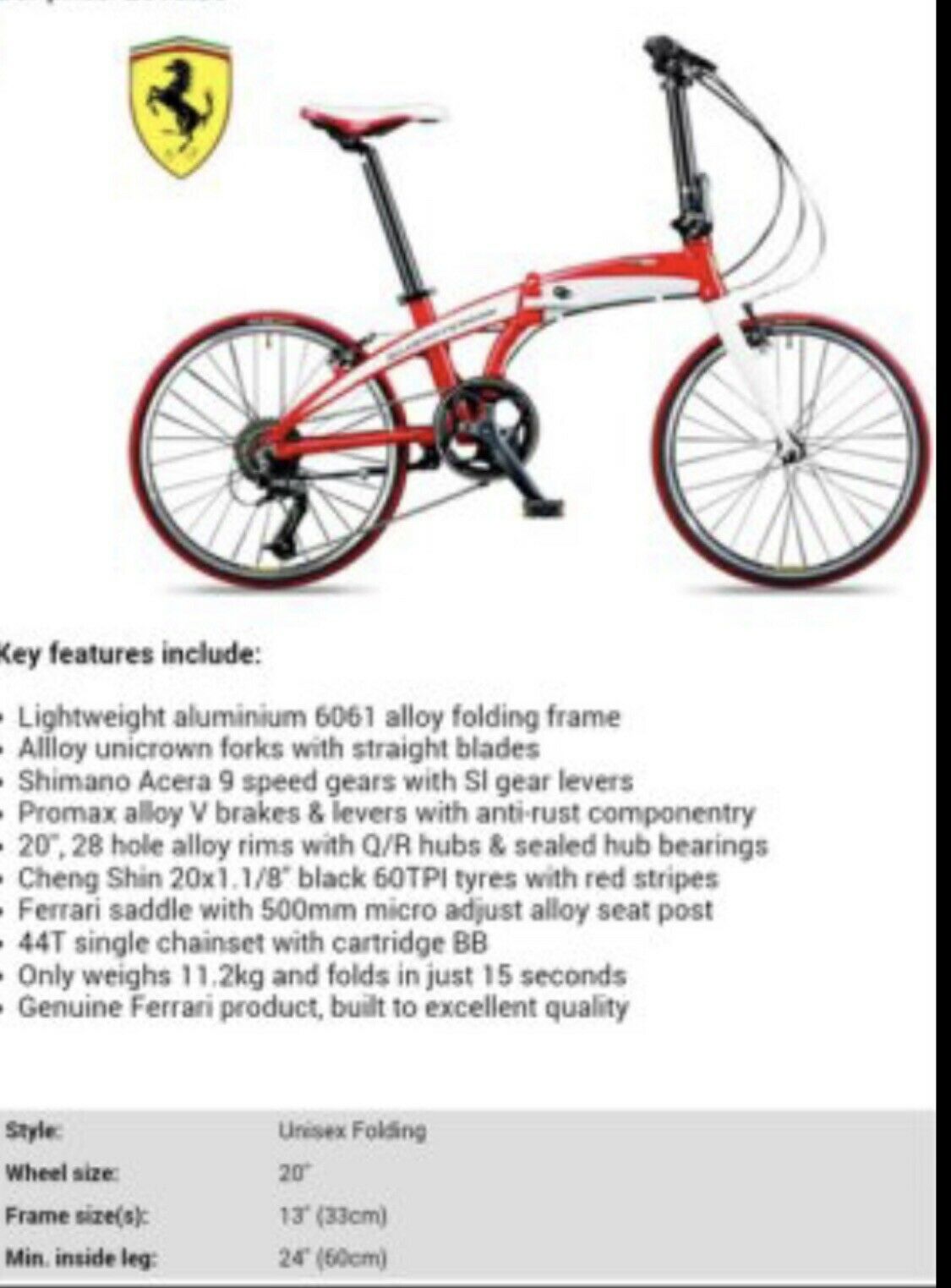 Ferrari Folding Commuter Bike 20” Wheel Fold Up Bike. - Folding Bikes 4U