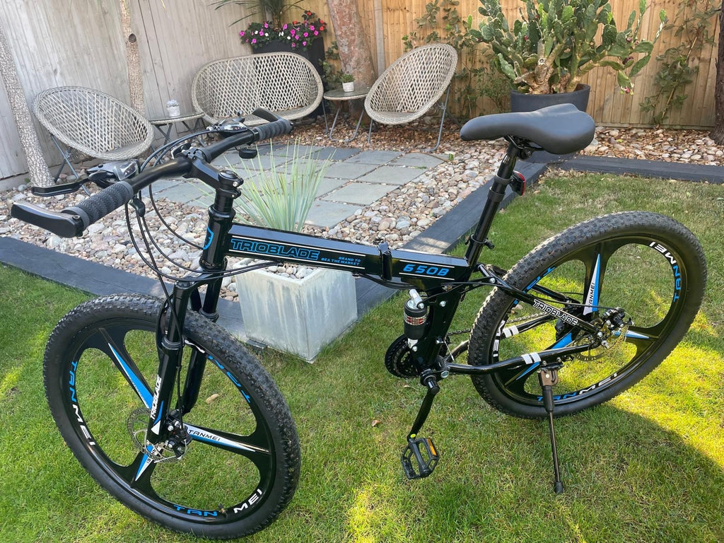 male and female folding mountain bikes - dual susp, disc brakes, multispeed