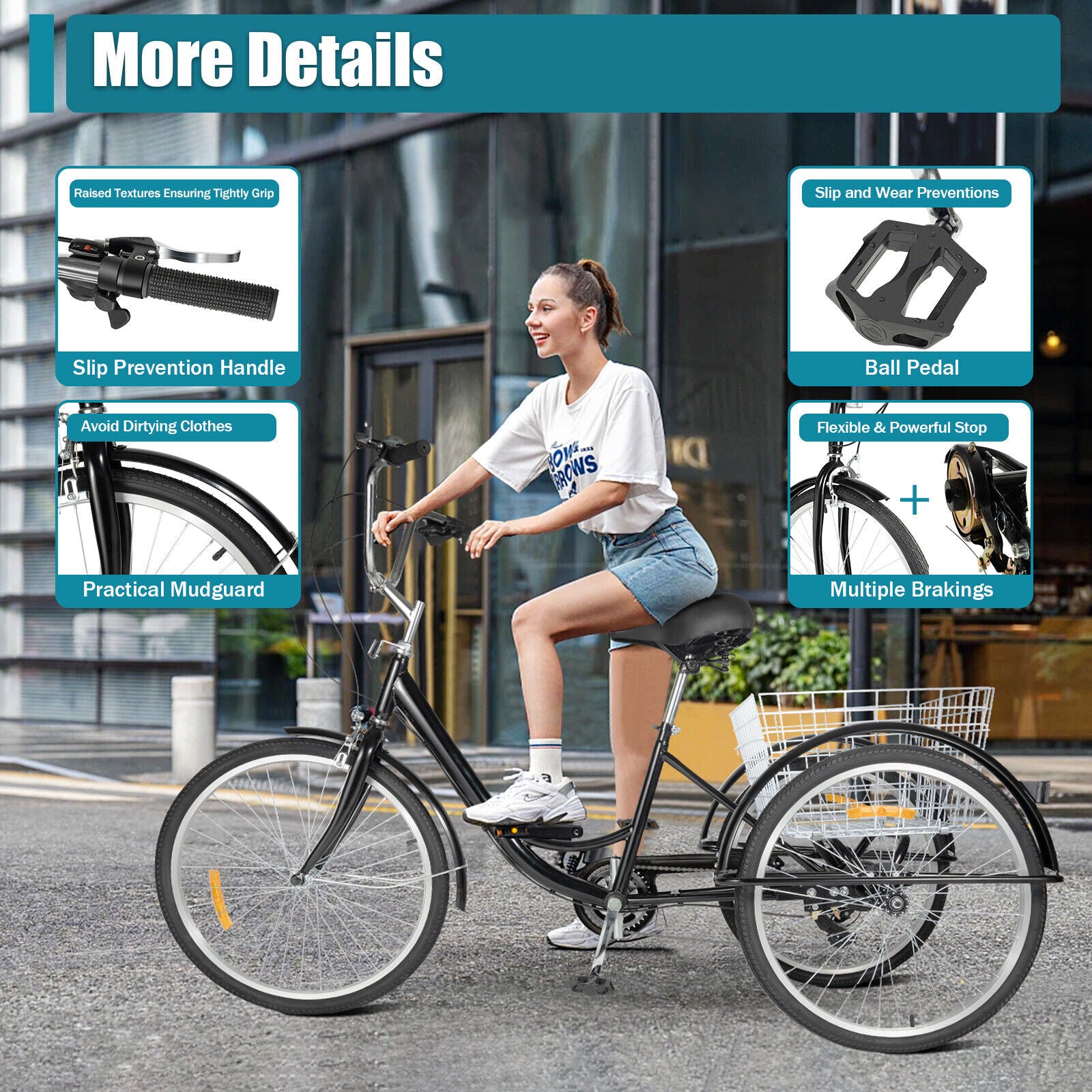 24 Inch Adult Tricycle Trike Bike 8-Speeds 3-Wheel Bicycle W/Folding Back Basket