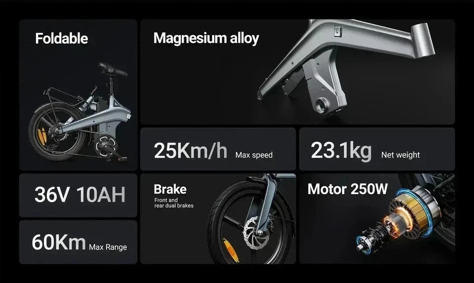 DYU T1 20" Folding E - Bike 250-W 36-V 10/Ah Battery 60KM Range City E- Bike