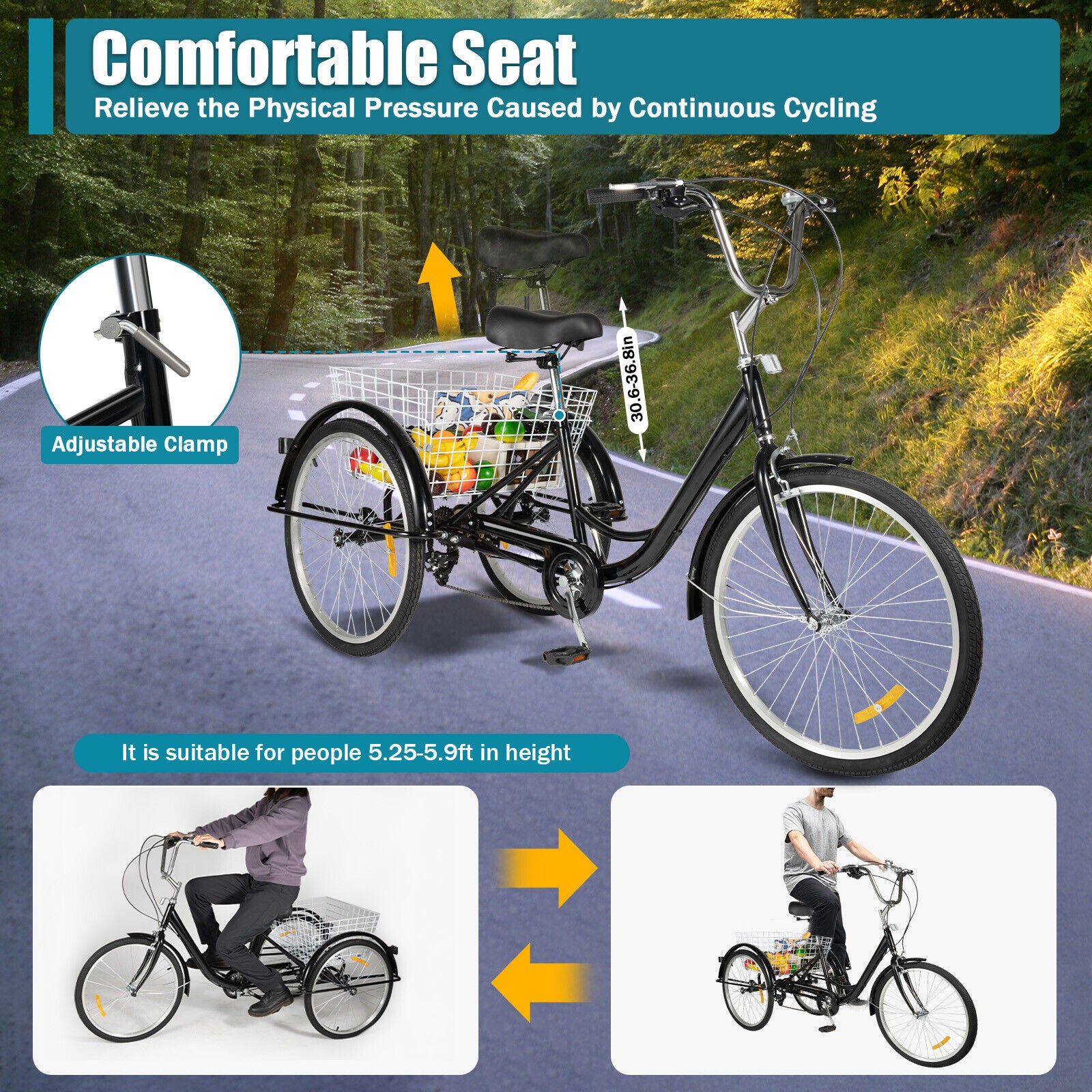 24" Inch Adult Tricycle Trike Bike 8-Speed 3-Wheel Bicycle & Folding Back Basket