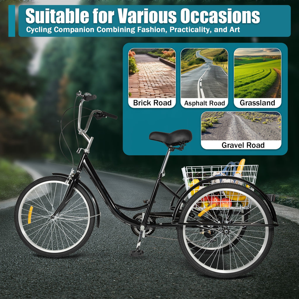 24 Inch Adult Tricycle Bike 8 Speed Trike 3-Wheel Bicycle w/Folding Back &Basket