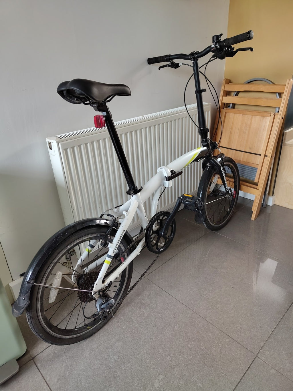 Compass 20in Folding Bike White/Black Flat Bar Shimano Claris Gears V-Brakes