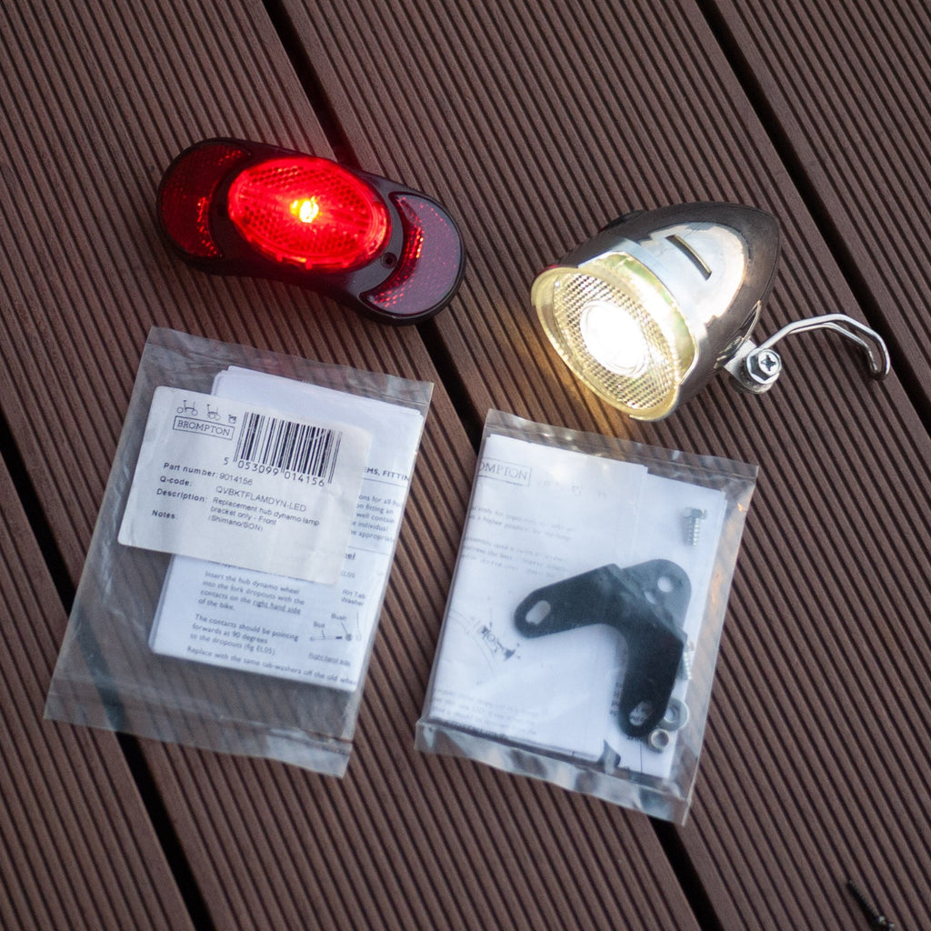 Brompton Front Retro LED Headlight & Rear Spanninga LED Reflector Light Bracket