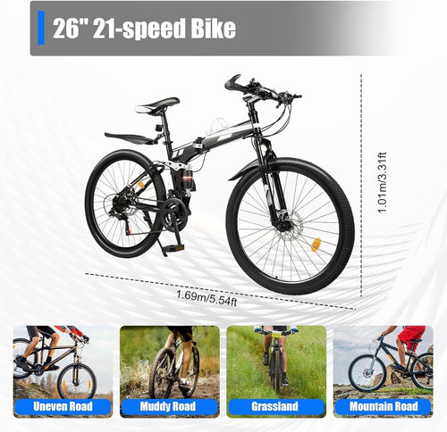 26" Folding 21-Speed Mountain Bike Mens MTB Disc Brake Steel Frame