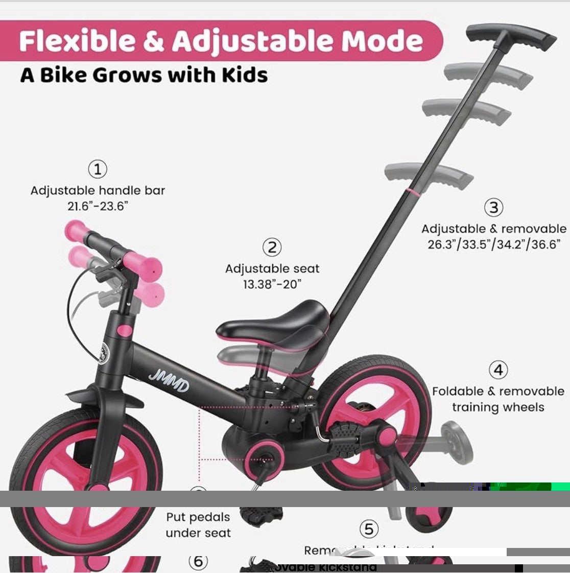 JMMD 6 in 1 Toddler Bike with Push Handle for Kids 18-60 Months, 12" Foldable
