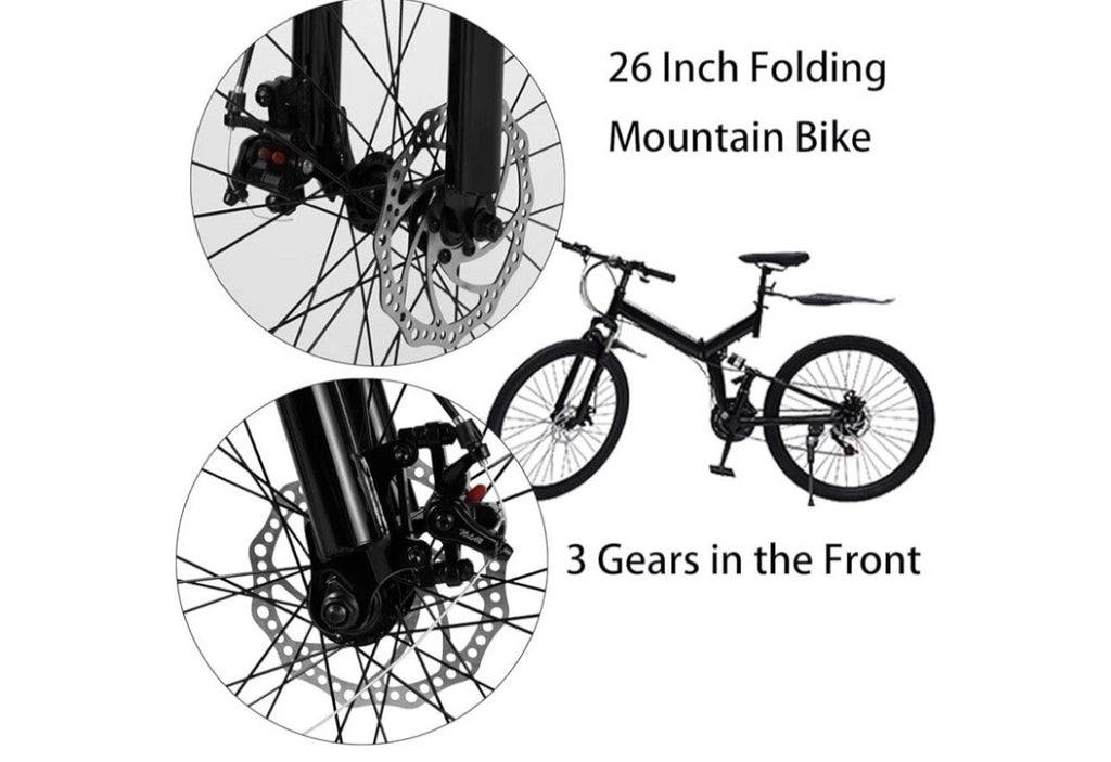 26in Folding Mountain Bike Black 21-Speed Derailleur Disc Brakes Full Suspension