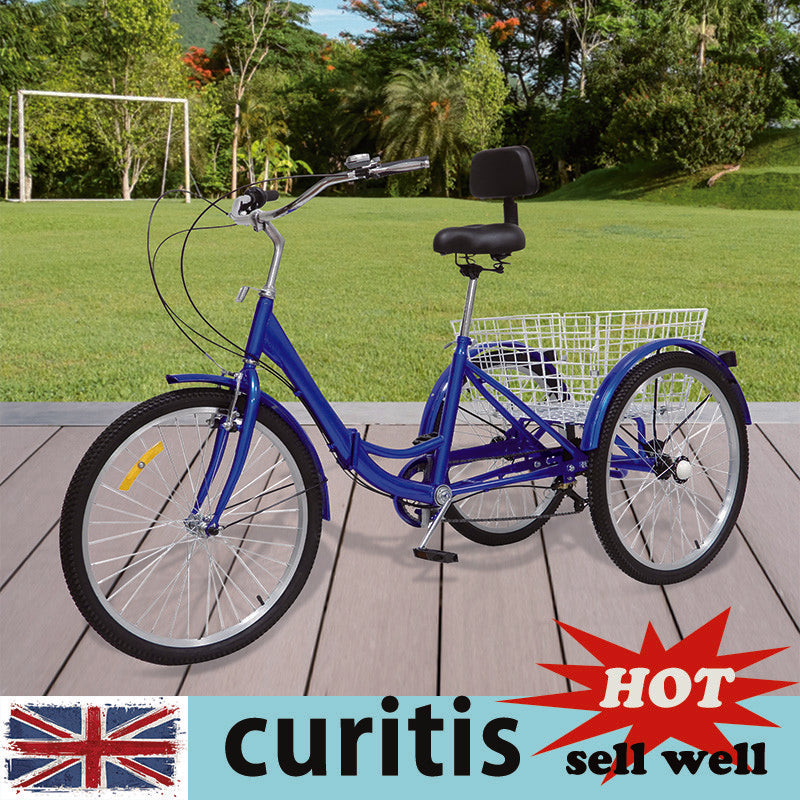 24 Inch Adult Trike Tricycle Foldable 3 Wheel Bike 7-Speed With Basket Blue UK