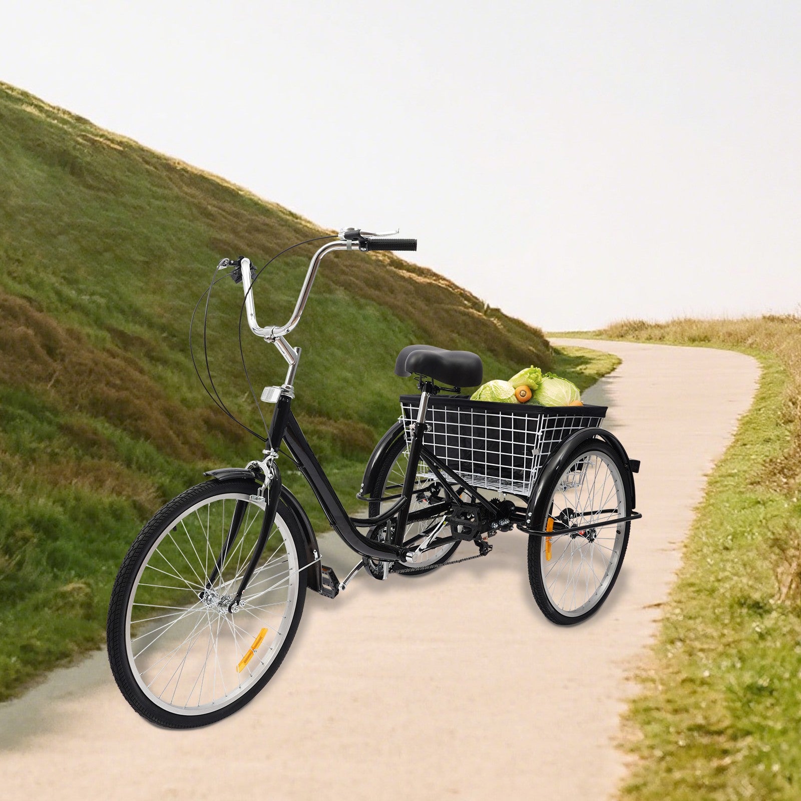 24 Inch Adult Tricycle Trike Bike 8-Speeds 3-Wheel Bicycle & Folding Back Basket