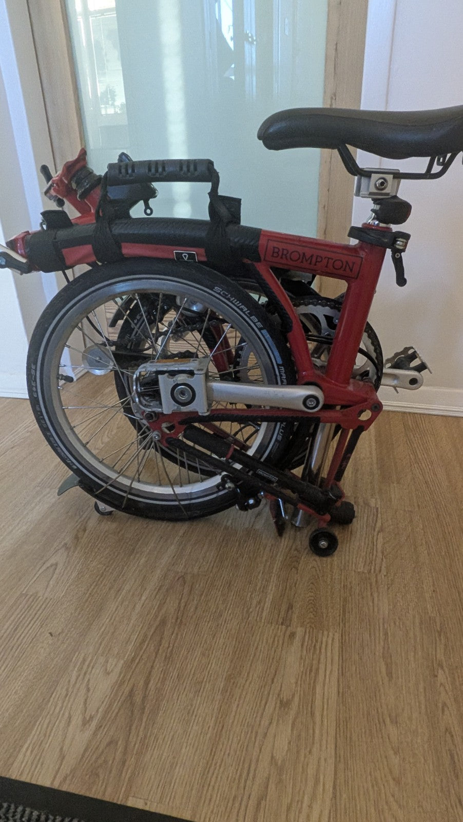 Brompton Folding Bike Red 16in Wheels Steel Frame Flat Bar Derailleur Gears