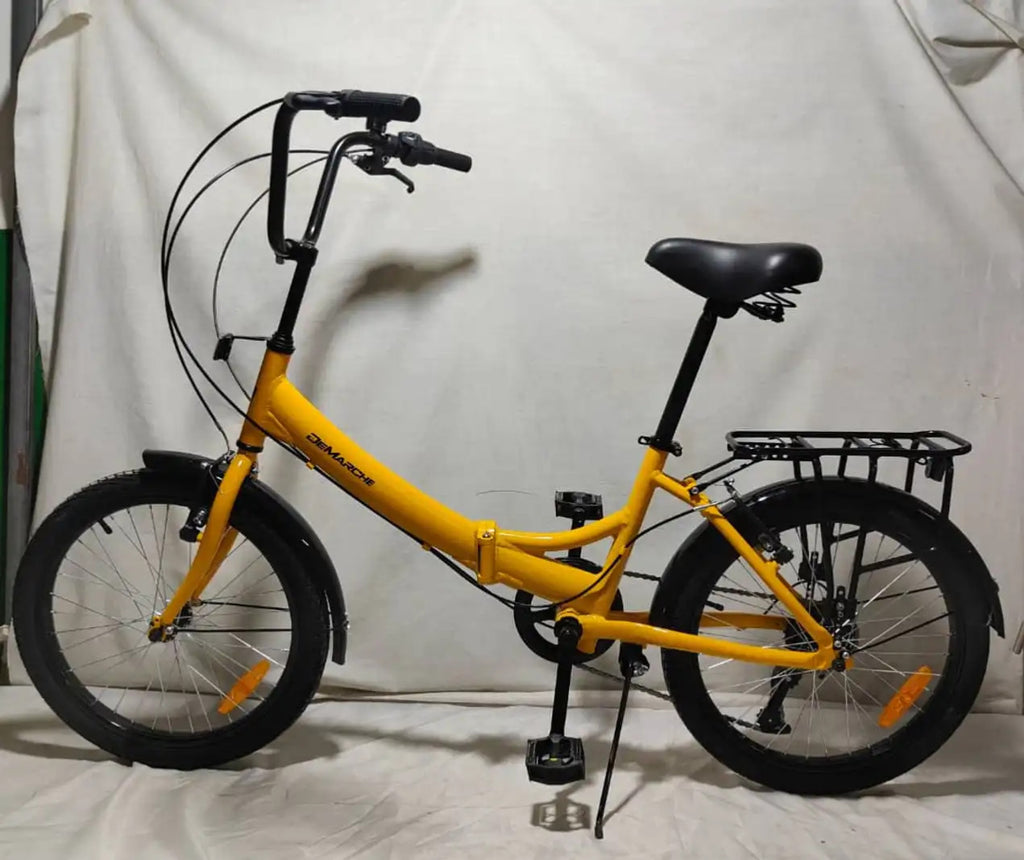 DeMarche: Yellow Aluminium Folding Bike, Size: 123 20.5 x 55cm