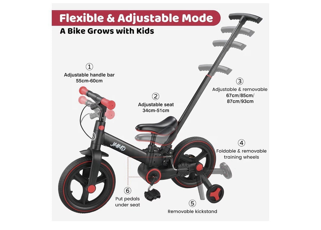 JMMD Kids Convertible Balance Bike/Tricycle 12in Black/Red Folding Adjustable
