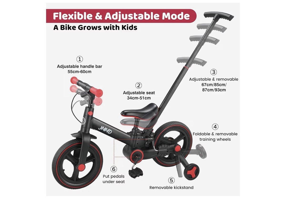 JMMD Kids Convertible Balance Bike/Tricycle 12in Black/Red Folding Adjustable