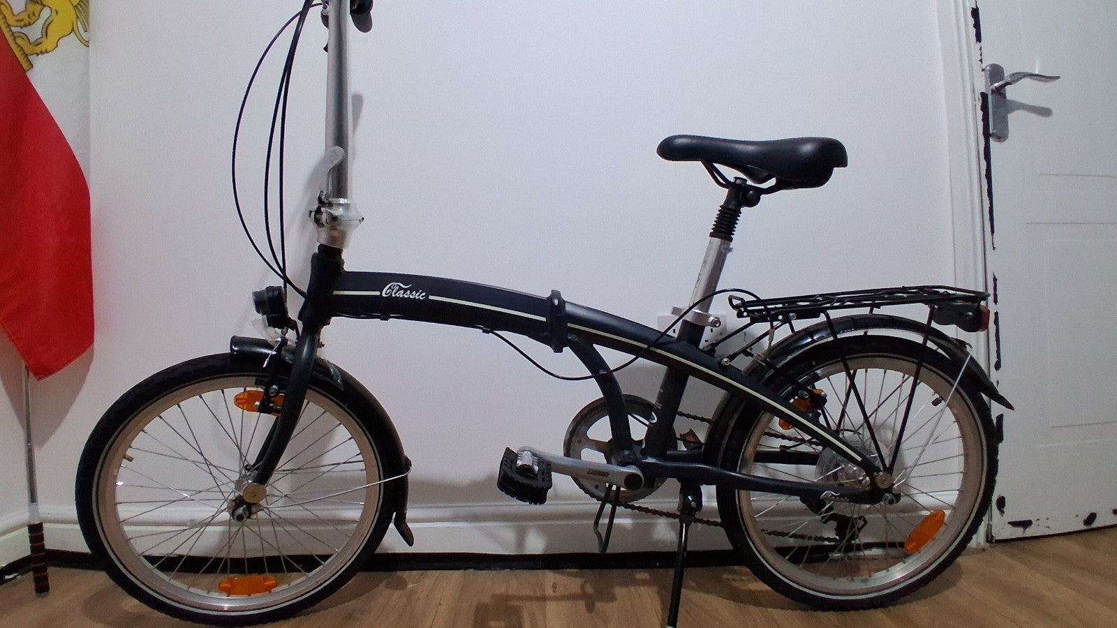 Denver Classic 001 Folding Bike 20in Black/Blue, LED Lights, Rack, Mudguards