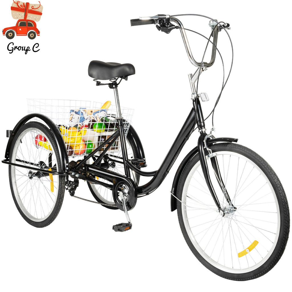 24 Inch Adult Tricycle Trike Bike 8-Speeds 3-Wheel Bicycle W/Folding Back Basket