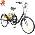 24 Inch Adult Tricycle Trike Bike 8-Speeds 3-Wheel Bicycle W/Folding Back Basket