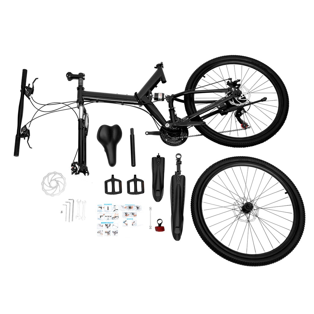 26in Black Portable Folding Dual Disc Brake Mountain Bike for 5.25-5.6ft Height