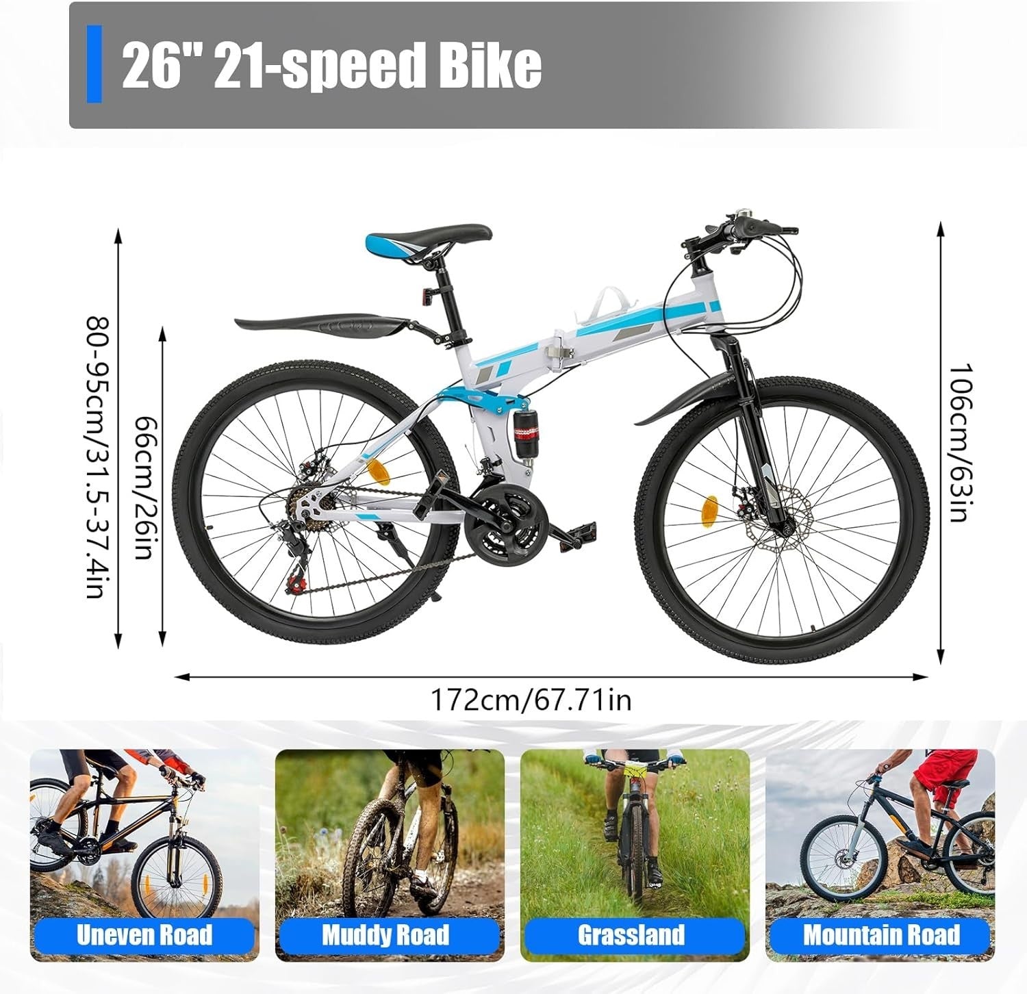 26" Foldable Mountain Bike 21 Speed Disc Brakes Adult MTB Steel Frame