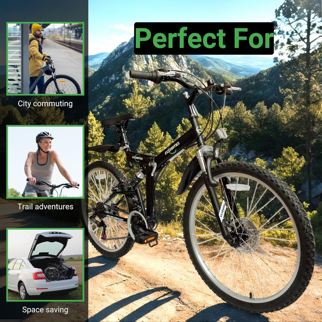 26" Folding Mountain Bike 21-Speed Shimano Disc Dual Suspension MTB