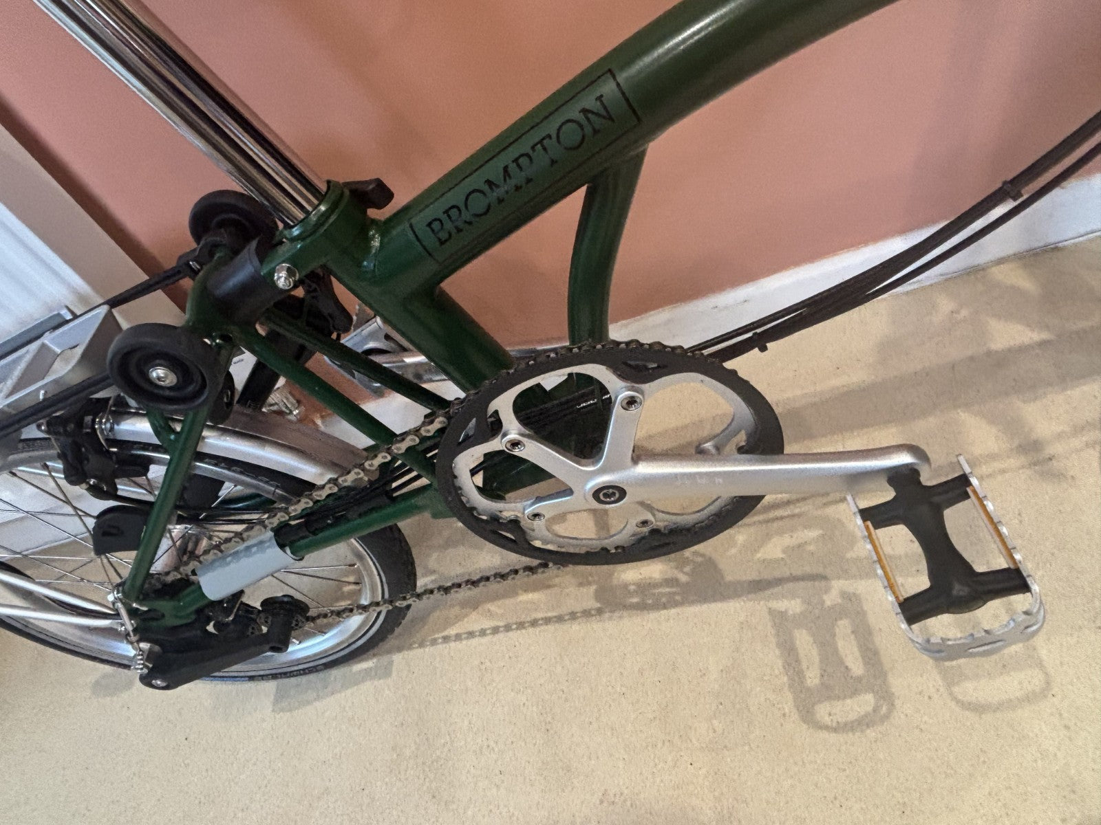 Brompton m6r folding bike, Green with Dynohub lighting, rack & mudguards