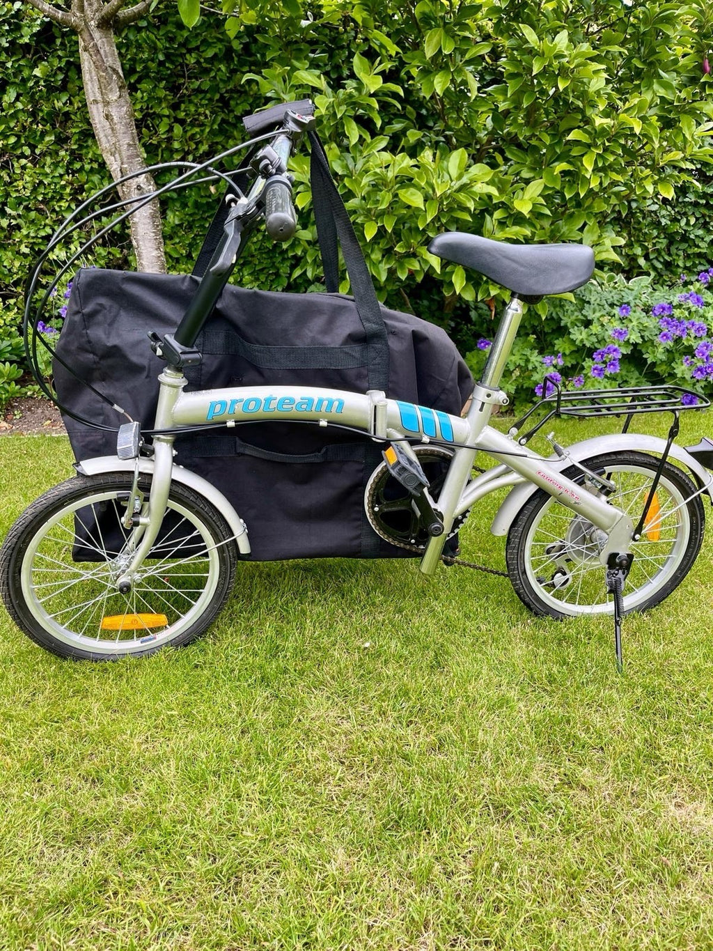 Proteam 16in Folding Bike Silver/Blue V-Brakes Rear Rack Mudguards