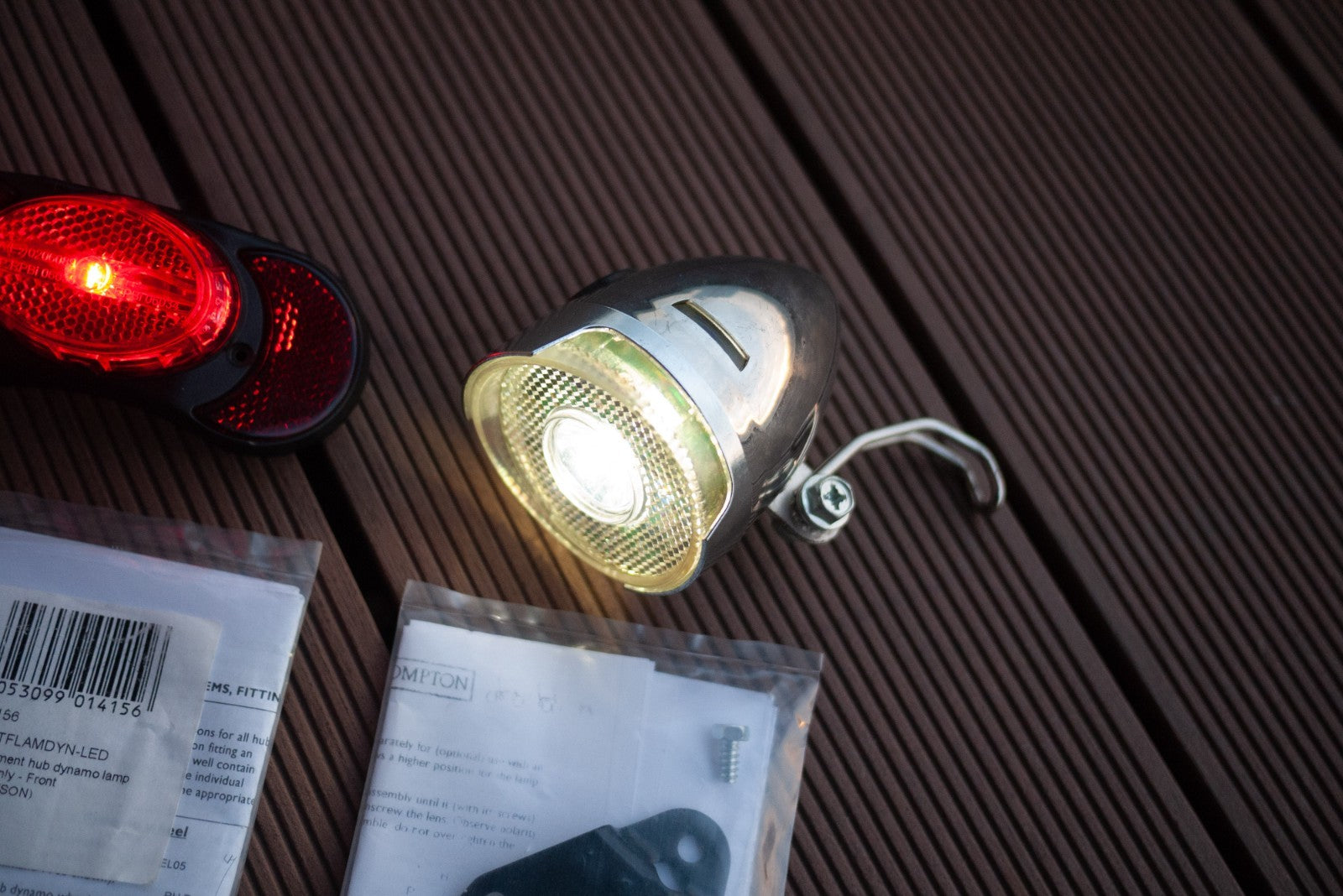Brompton Front Retro LED Headlight & Rear Spanninga LED Reflector Light Bracket