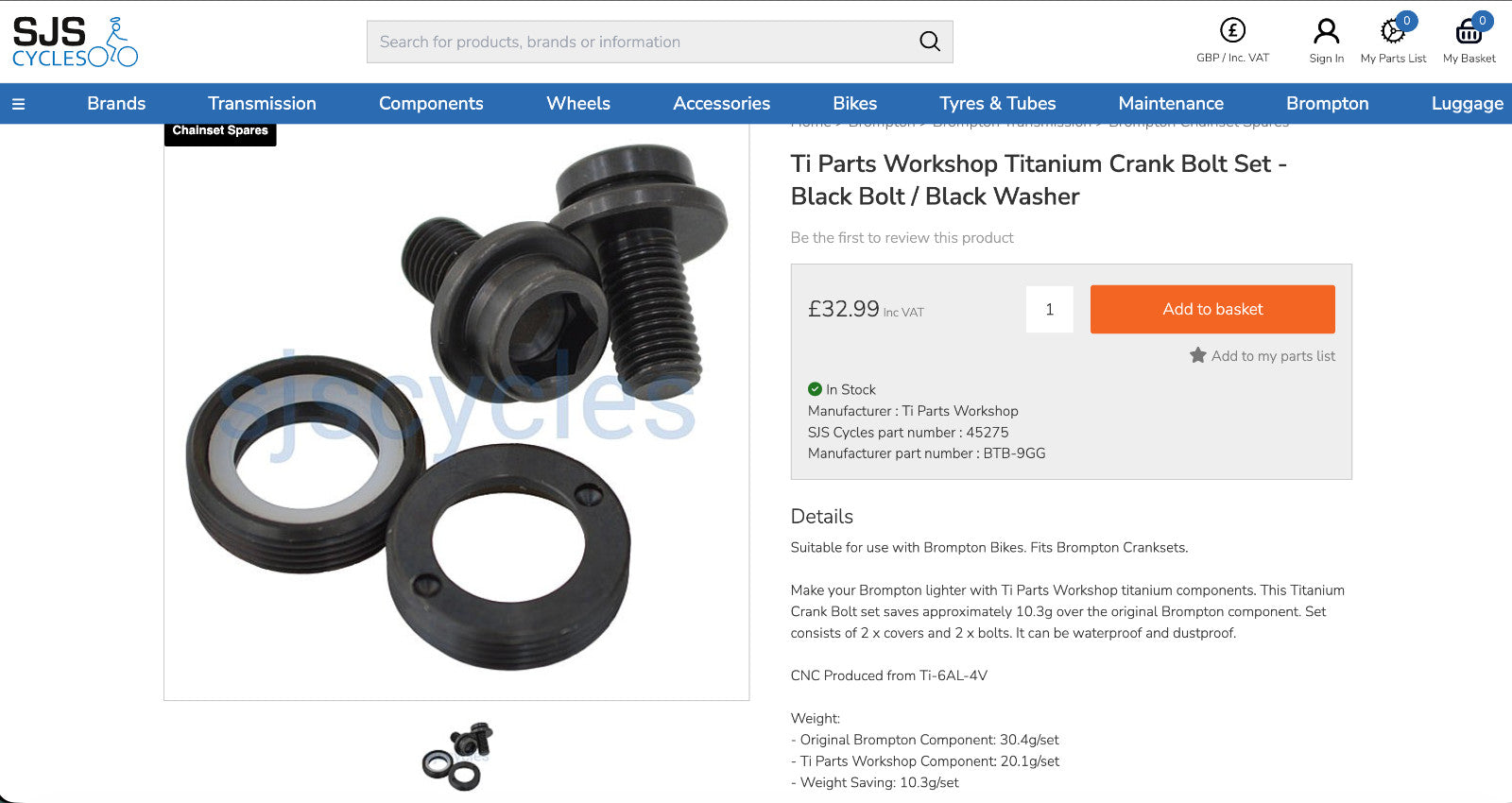 Brompton Ti Parts Workshop Titanium Crank Bolt Set - Black Bolt / Black Washer