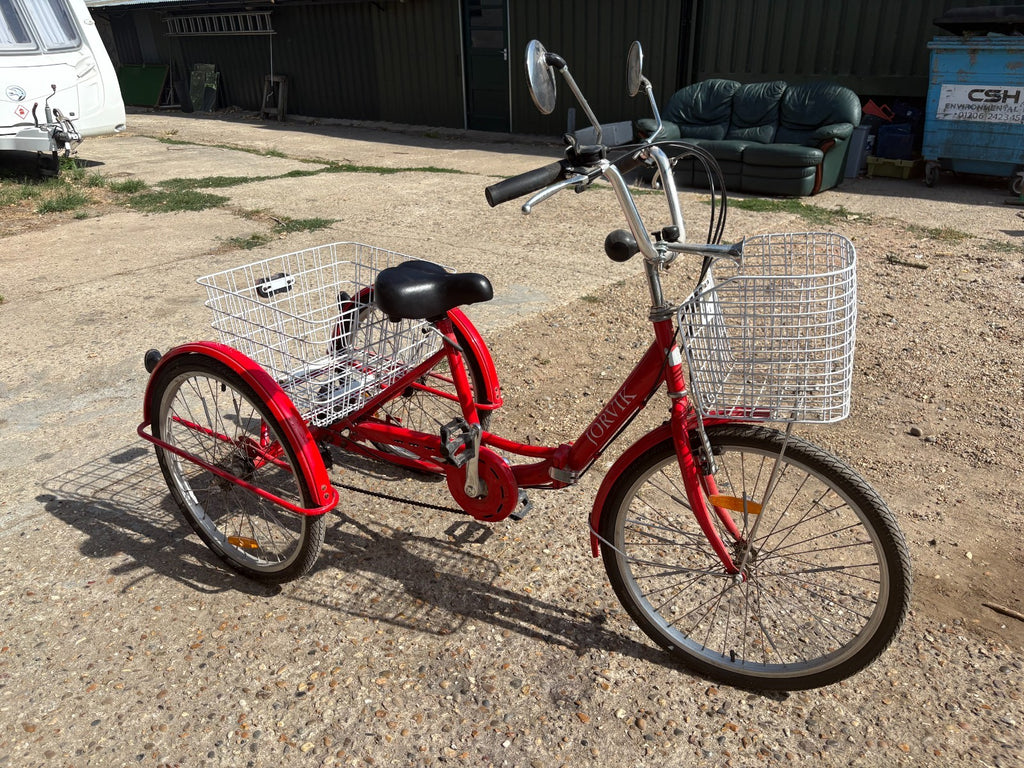 Jorvik Folding Adult Tricycle Red 6 Speed - 24 in Wheels with Baskets & Horn