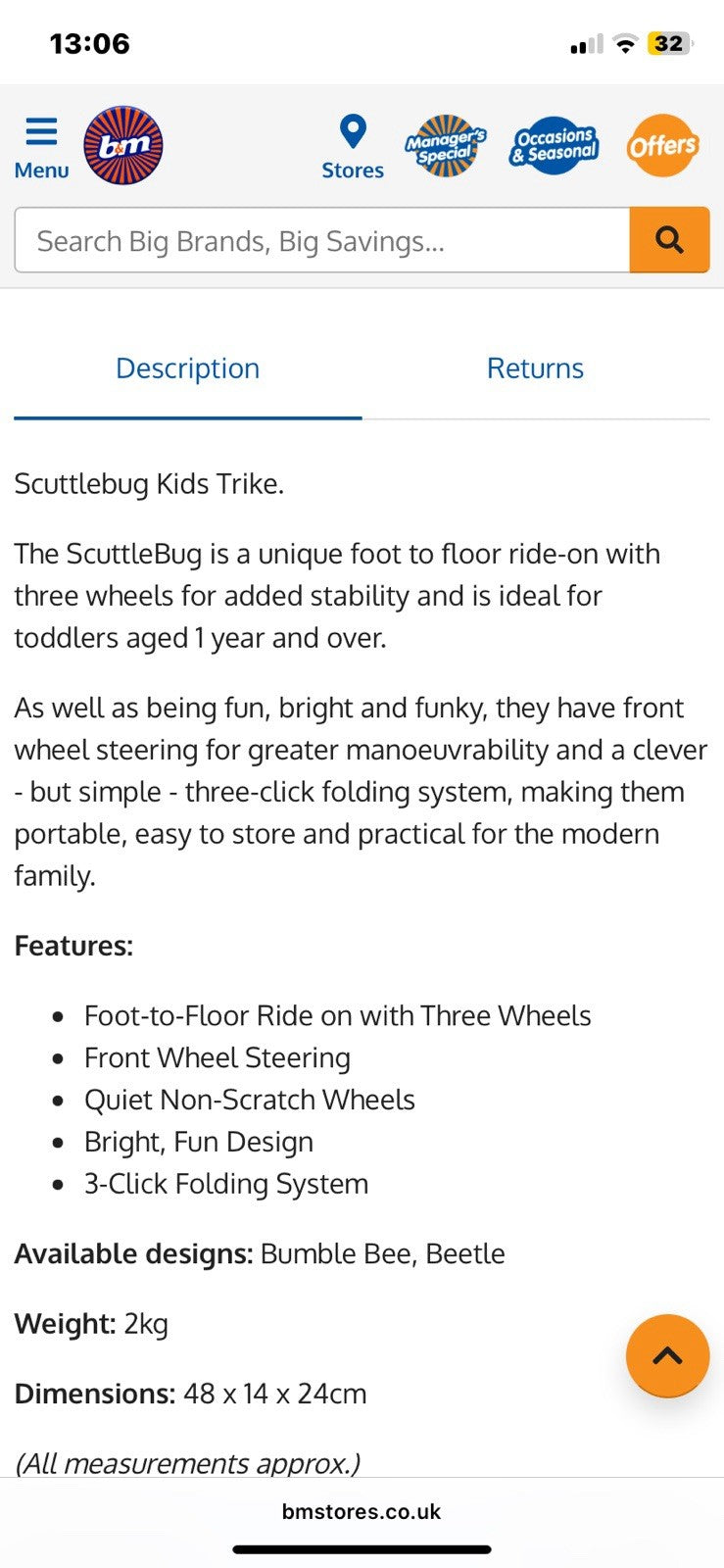 Bumble The Scuttle Bug 3 Wheel Bike Age 1+ Only Used A Month See Description