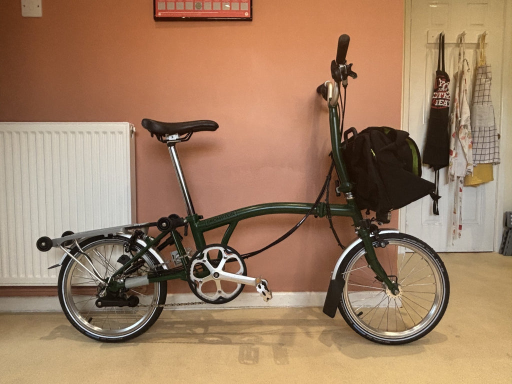 Brompton m6r folding bike, Green with Dynohub lighting, rack & mudguards