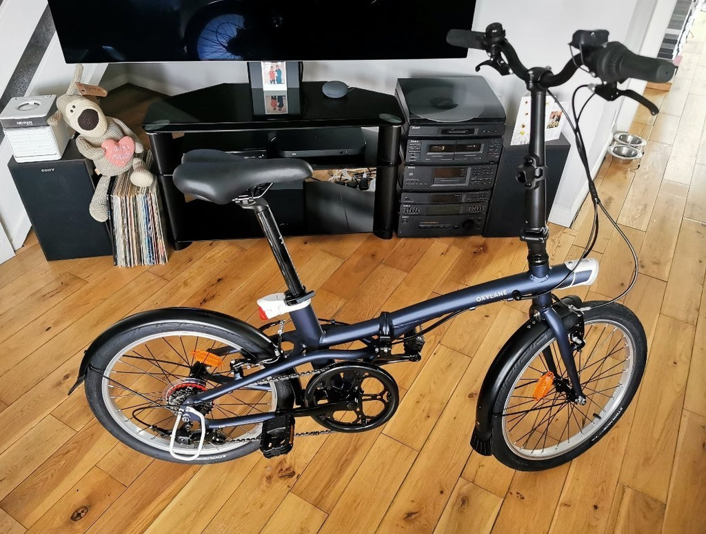 B'Twin Oxylane Tilt 500 Navy Folding Bicycle Bike 7-Speed 20" Wheels Kickstand