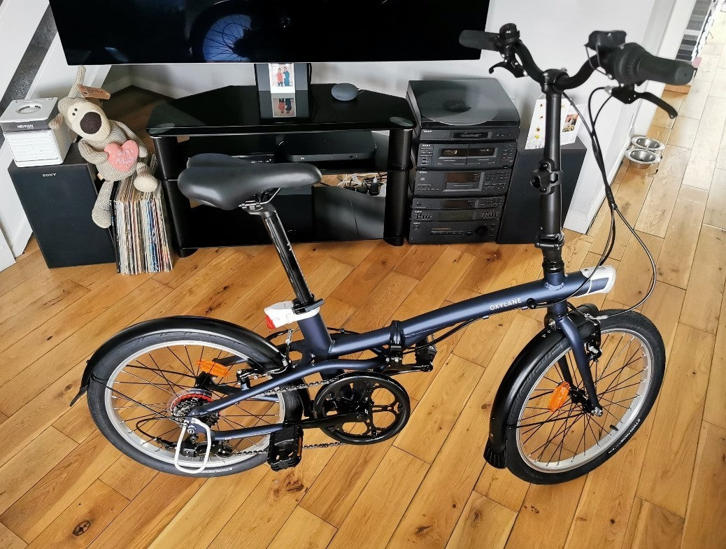 B'Twin Oxylane Tilt 500 Navy Folding Bicycle Bike 7-Speed 20" Wheels Kickstand