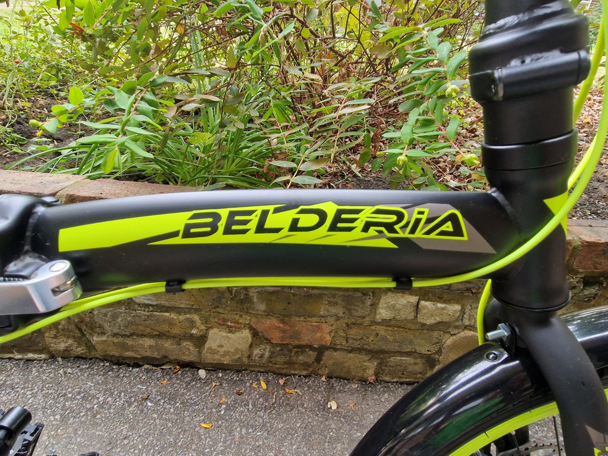 BELDERIA X7 20in Folding Bike Black/Green Disc Brakes Rear Rack Mudguards