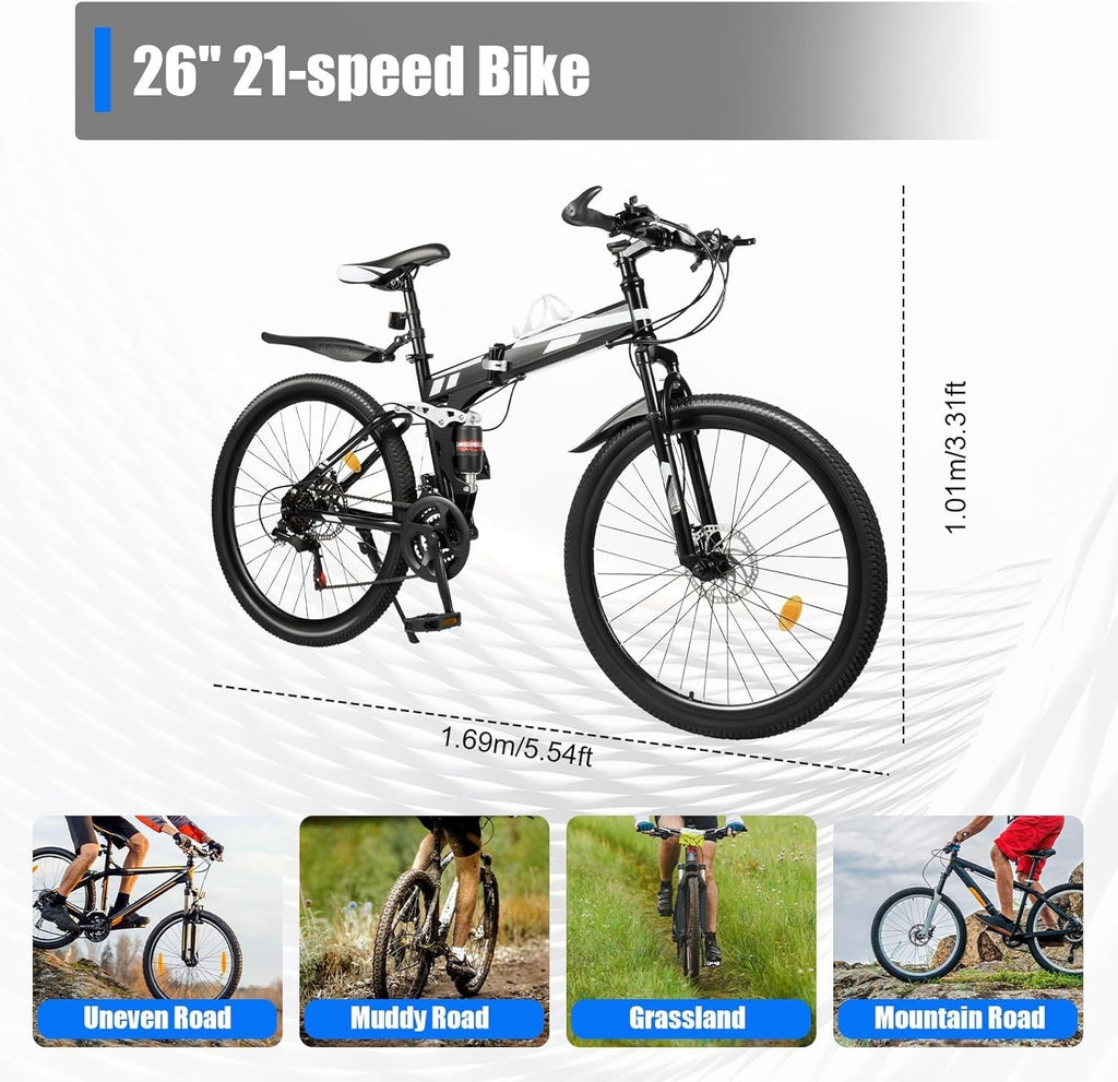 26" Folding 21-Speed Mountain Bike Mens MTB Disc Brake Steel Frame