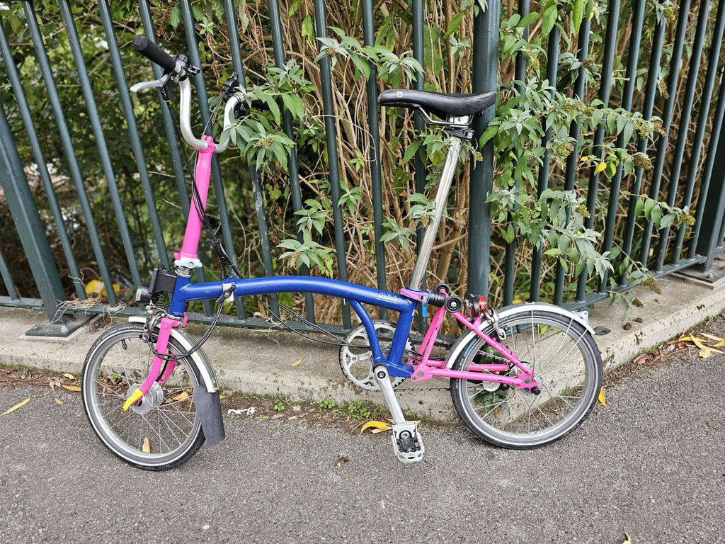 Brompton  c line 2012 Folding Bike 16 in M Frame Blue/Pink Mudguards lights