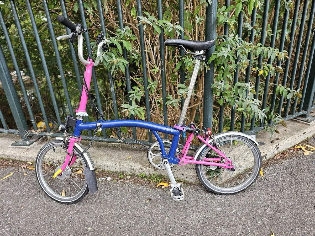 Brompton  c line 2012 Folding Bike 16 in M Frame Blue/Pink Mudguards lights