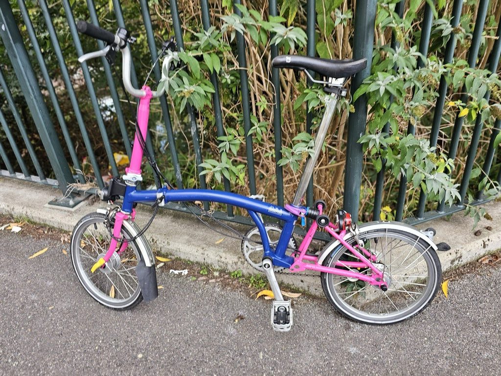 Brompton  c line 2012 Folding Bike 16 in M Frame Blue/Pink Mudguards lights