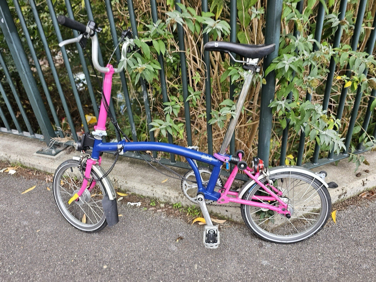 Brompton  c line 2012 Folding Bike 16 in M Frame Blue/Pink Mudguards lights