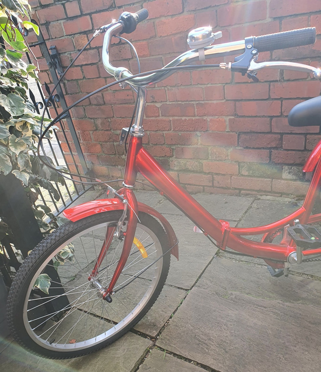 Brand NEW NEVER RIDDEN Adult RED Folding Tricycle. Basket & 7 Derailleur Gears.