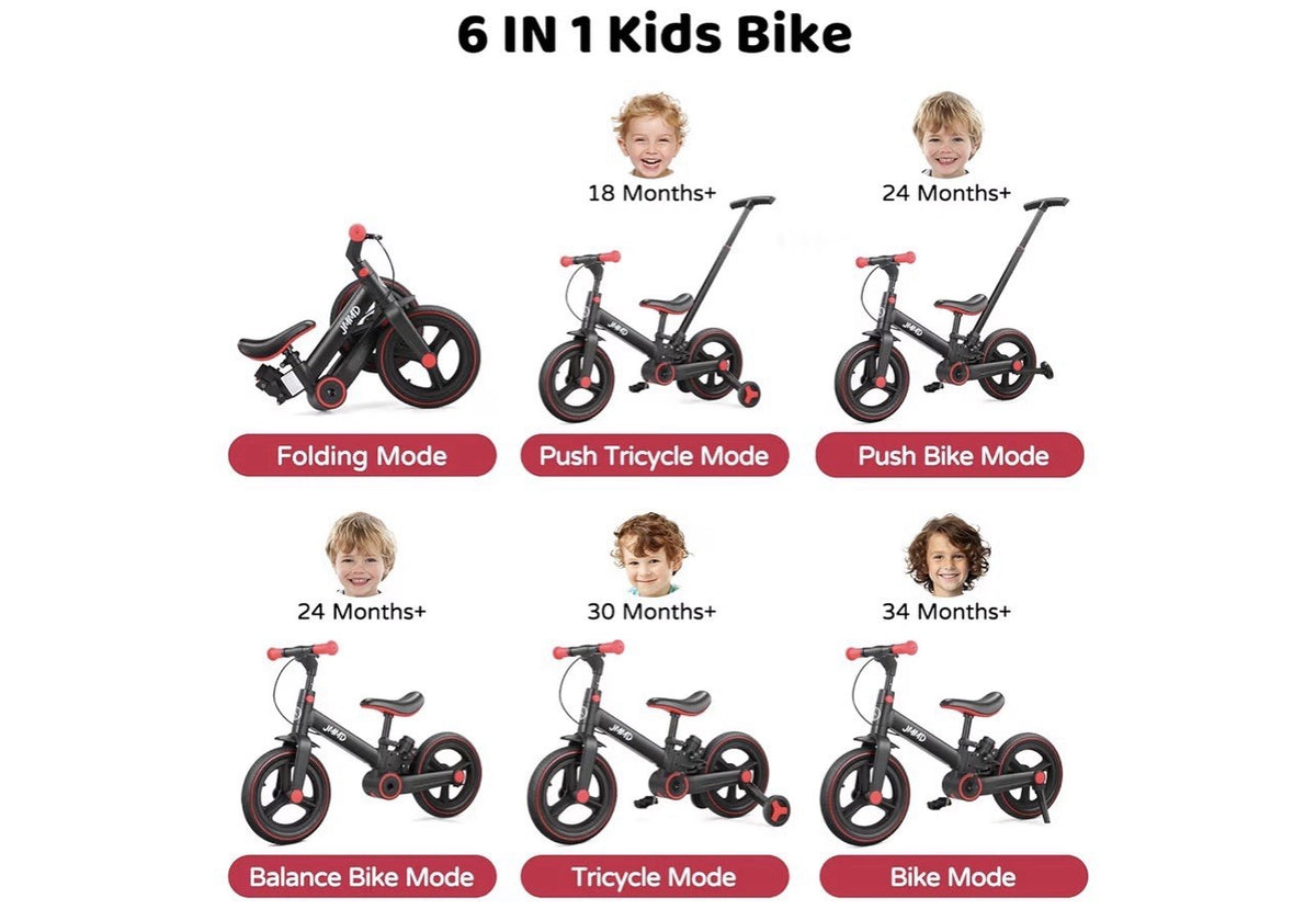 JMMD Kids Convertible Balance Bike/Tricycle 12in Black/Red Folding Adjustable