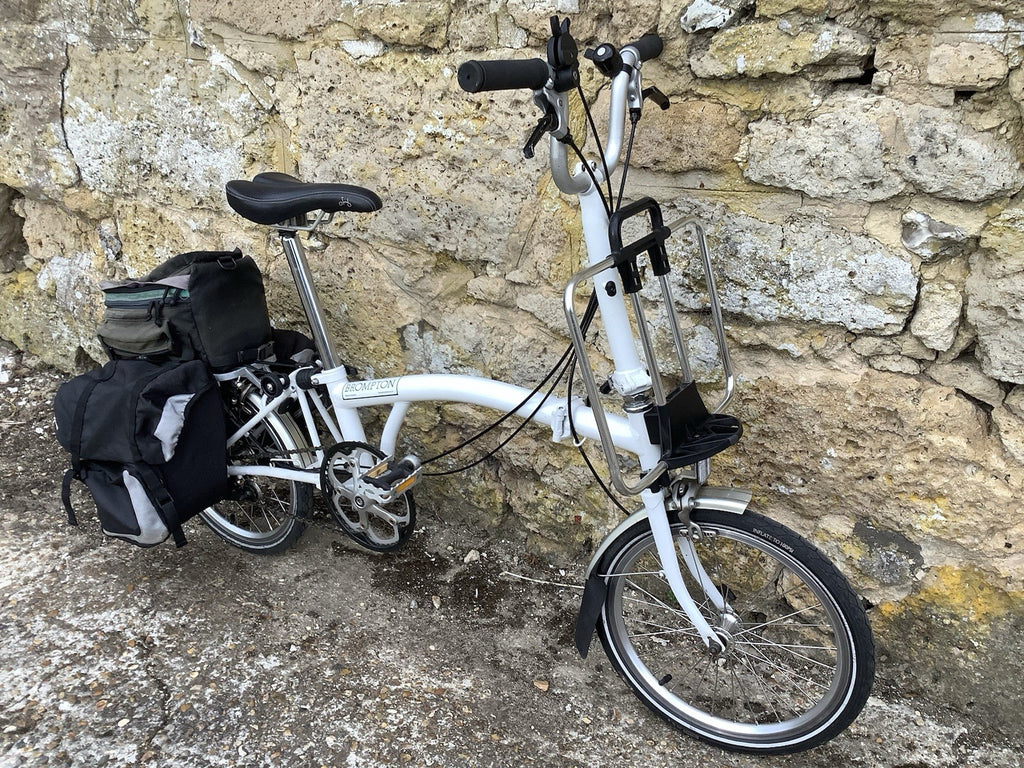Brompton M3R Folding Bike - White + Panniers, Rack Bag, Front Frame -UK DELIVERY