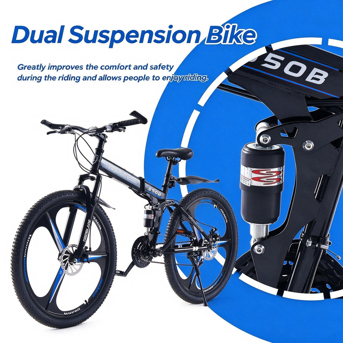 27.5'' Foldable Mountain Bike 21 Speed Full Suspension Bicycle Adult Cycle Blue