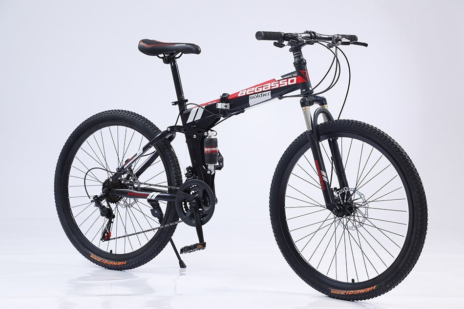 26 Inch Black Red Foldable Bike, 24 Speed, Disc Brakes, Front suspension 297-298