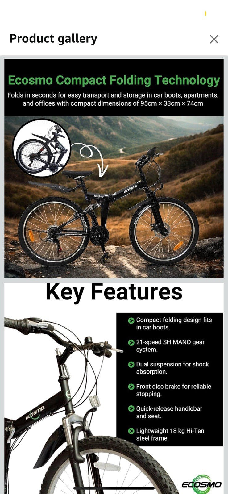 Mountain Bike Ecosmo 26" Wheel Folding MTB Shimano Gear 21SP, 18.5" -26SF02BL