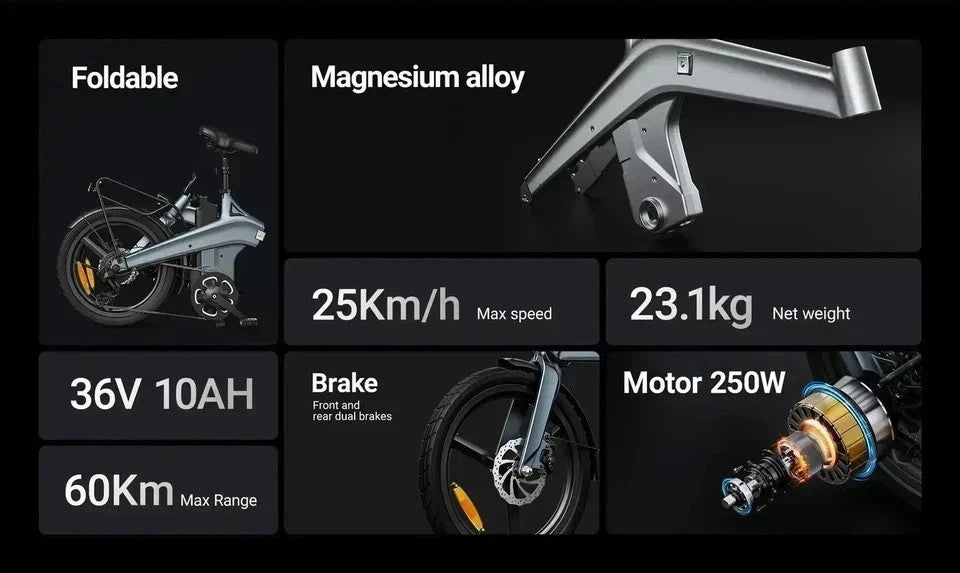 DYU T1 20" Folding E - Bike 250-W 36-V 10/Ah Battery 60KM Range City E- Bike