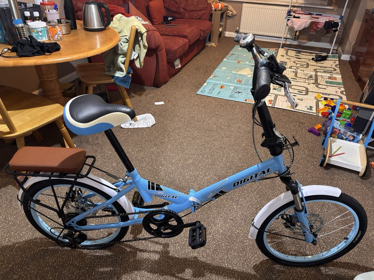 Digital sports Bicycle foldable 20in Blue/White,Rear Rack, Reflectors, V-Brakes