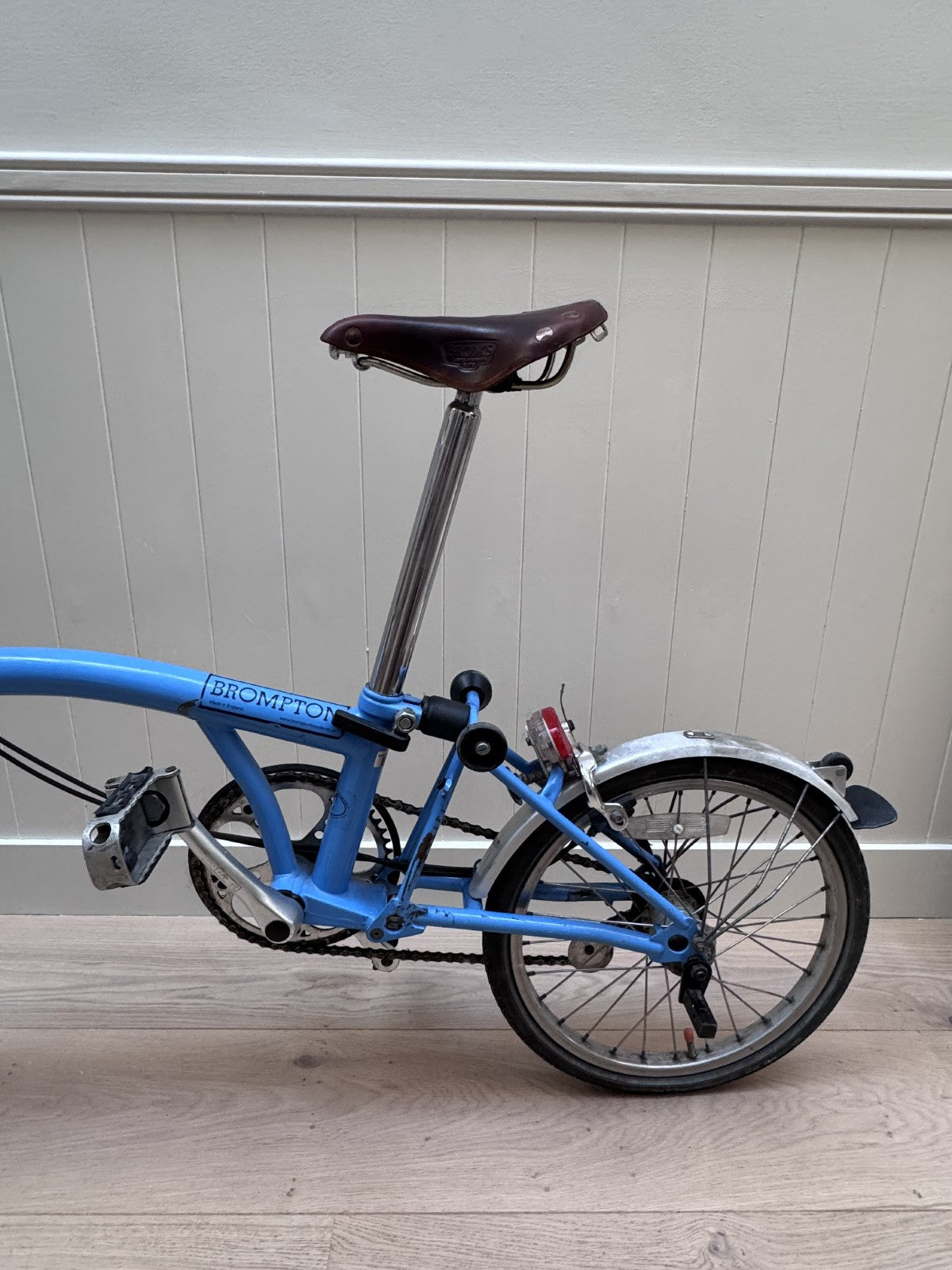 Brompton 3 speed folding bike, Brooks saddle, Ortlieb rack bag