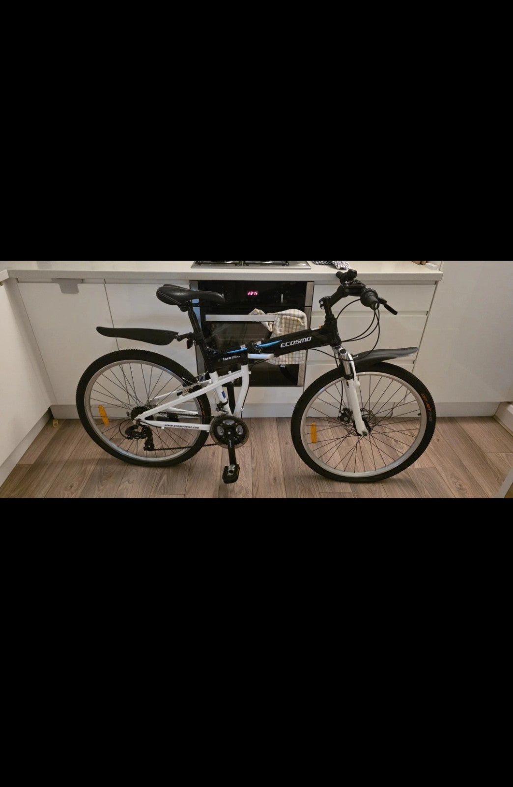 ECOSMO 26in Folding Bike Black/White  Gears Mech Disc, Adj Seat